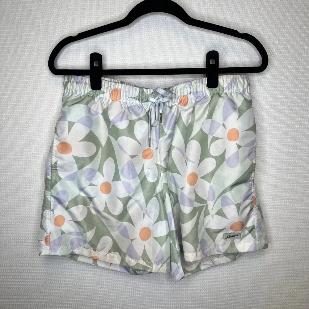 Bather Mens Floral Swim Trunks Green Purple Peach Retro Board Shorts Size Medium